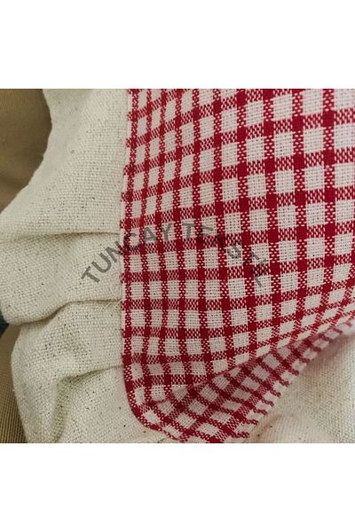 TUNCAY TEKSTİL 100% Natural Linen Red Piti Checkered Ruffled Throw Pillow Cover