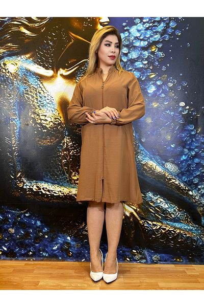 Yeşilmoda Tunic Length Below the Knee Crepe Fabric with Zipper and Pockets Long Sleeve Casual