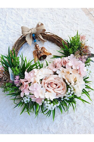 Lotus Hediye Pembe Güllü ve Melekli Kapı Süsü Kapı Çelenk Duvar Dekorasyon