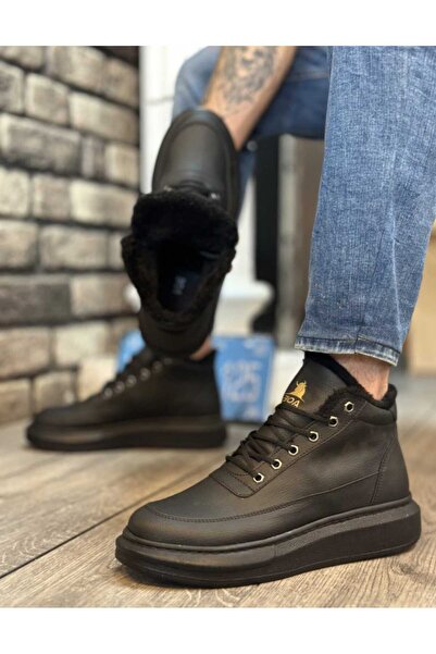 WEBORN Erkek Günlük Suni Deri Siyah Suya Dayanıklı Rahat Kışlık Bot içi Kürklü Bağcıklı Şık