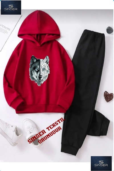 SS SİNSER Kapşonlu Çocuk “GRI KURT” Baskılı Eşofman Takımı
