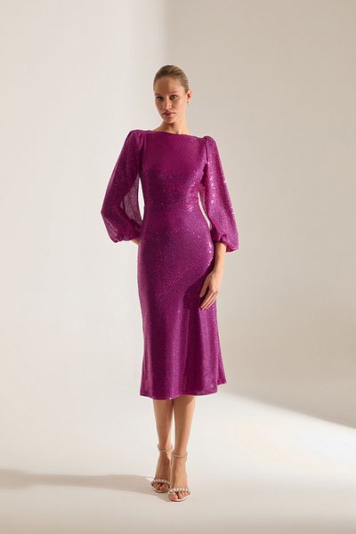 BETTY & SAM Nicole Sparkly Sequin Fuchia Balloon Sleeve Midi Dress