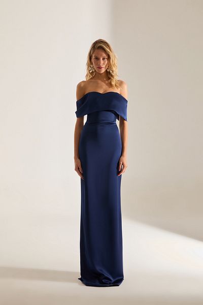 BETTY & SAM Pamella Madonna Collar Satin Dark Blue Engagement Dress