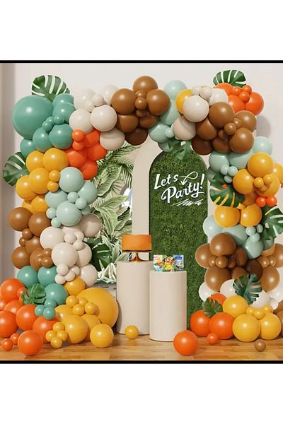 Çemrek Süs Parti Set of 100 Safari Themed Orange Green Concept Balloon Chains - Caramel Turmeric Sea Sand