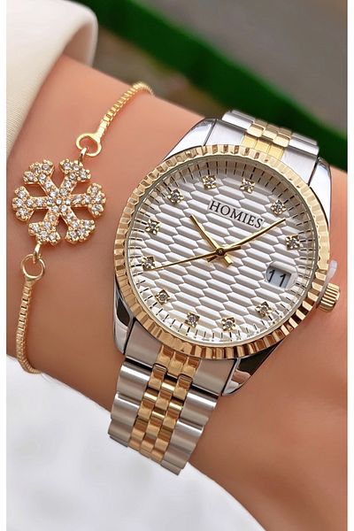 Homies Yellow Silver Colored Waterproof Women's Wristwatch and Bracelet Gift