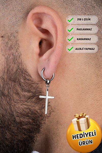 Piercing Market Steel & Silver Unisex Çelik Halka Sallantı Haç Küpe Paslanma Kararma Yapmaz