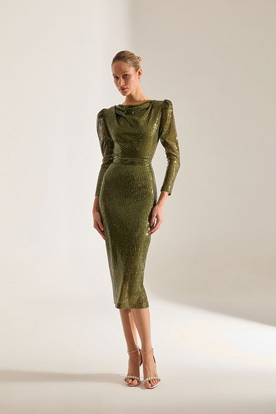 BETTY & SAM Degaje Neckline Pencil Skirt Khaki Glitter Sequin Engagement Dress
