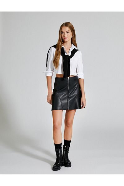 Koton Kunstlederrock, Mini-Reißverschluss vorne, Standard-Taille