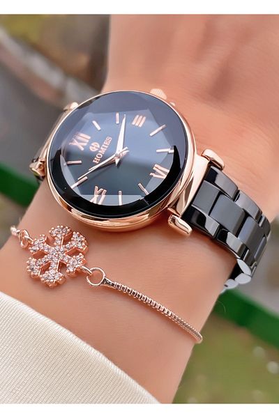 Homies Brand Rose Black Color Cut Glass Women's Wristwatch