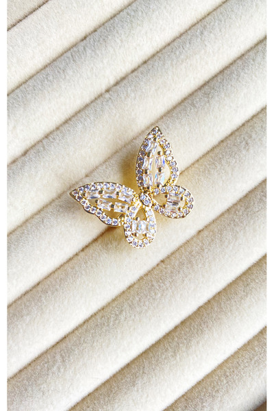 Diamara Designs Kelebek Figürlü Zirkon Taşlı Ayarlanabilir Kadın Çelik Yüzük