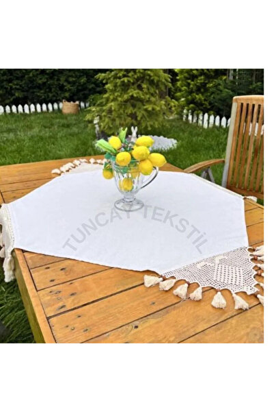 TUNCAY TEKSTİL Față de masă din bumbac organic cu ciucuri brodat din frânghie de in Buldan