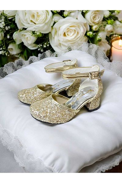 PATİK BEBE Pantofi de seara cu toc patrat de culoare aurie pentru fete