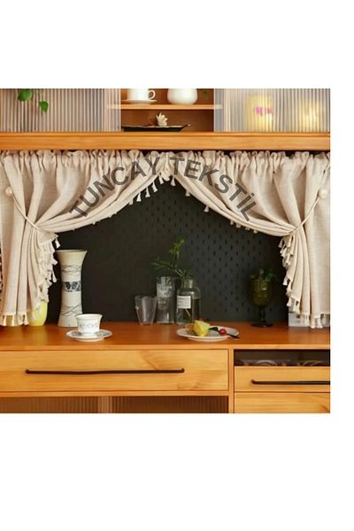TUNCAY TEKSTİL Short Cupboard Linen Curtain with Natural Authentic Pompom
