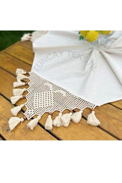 TUNCAY TEKSTİL Buldan Hand Lace Linen Rope Embroidered Tassel Organic Cotton Tablecloth
