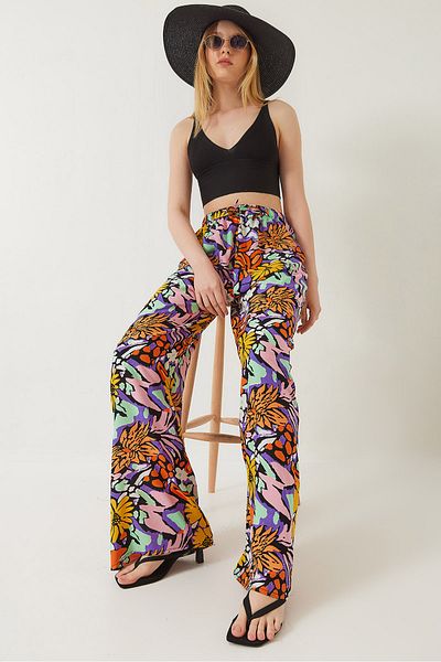 Bianco Lucci Women's Waist Tie Patterned Viscose Trousers 60261355