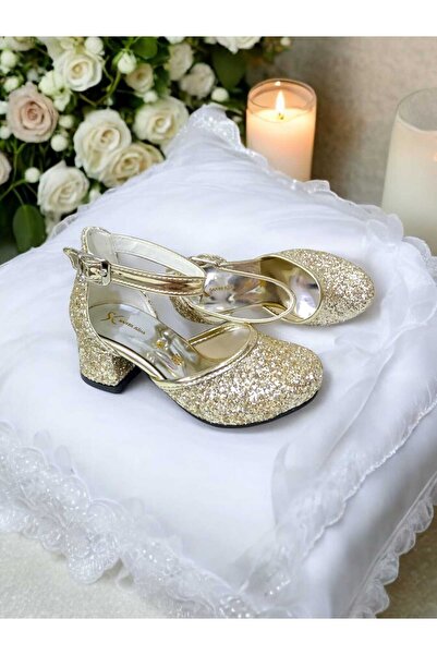 PATİK BEBE Pantofi de seara cu toc patrat de culoare aurie pentru fete