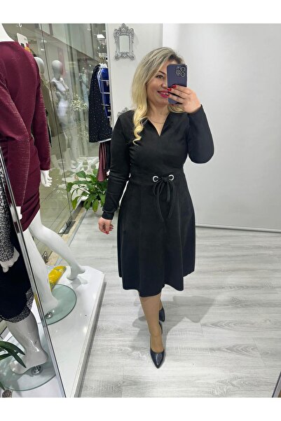 SBUTİK Siyah Süet Kuş Gözlü Belden Bağlamalı Dikiş Özellikli Yaka Yırtmaçlı Elbise stp 25k2412