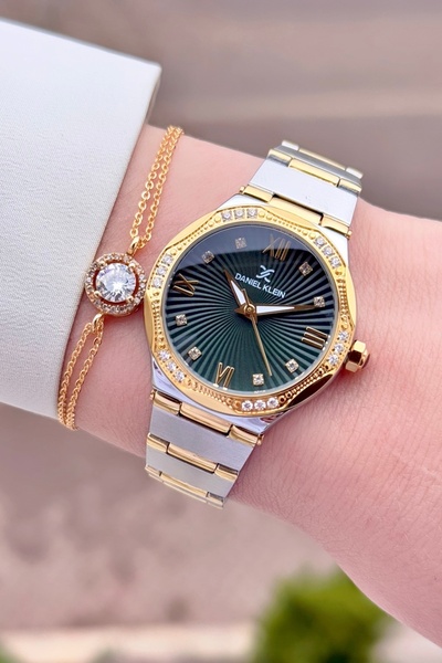Daniel Klein Kadranı Yeşil Kordonu Altın Metalik Renk 2 Yıl Garantili Kadın K...