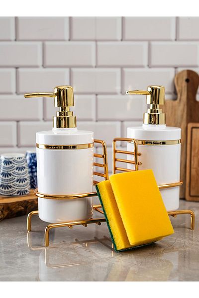 Trend Banyo Mutfak White 2-Piece Gold Soap Dispenser / Detergent Dispenser with Stand