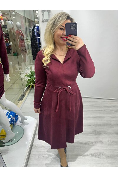 SBUTİK Bordo Süet Kuş Gözlü Belden Bağlamalı Dikiş Özellikli Yaka Yırtmaçlı Elbise stp 25k2412