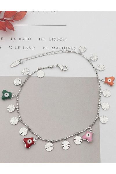 Siya Silver Colorful Eye Detailed Special Series Plate Model Anklet