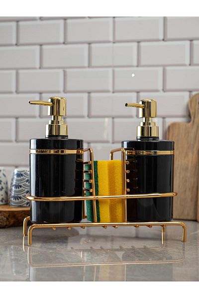 Trend Banyo Mutfak Black 2-Piece Gold Soap Dispenser / Detergent Dispenser with Stand Black