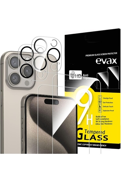 Evax (2 CAM + 2 LENS) iPhone 15 Pro Max Uyumlu 2 Adet Ekran Koruyucu ve 2 Ade...