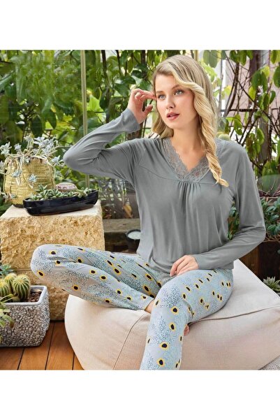 İpek Γυναικείο Σετ Πιτζάμες Μακρυμάνικο Δαντελένιο