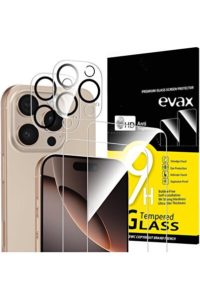 Evax (2 زجاج + 2 عدسة) 2 واقي شاشة متوافق مع هاتف iPhone 16 Pro Max و2 واقي عدسة الكاميرا