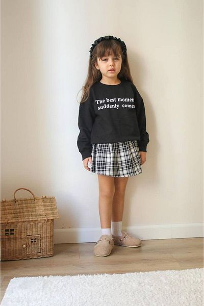 Lolliboomkids Fete Slogan Text Detaliat Top Gingham Pantaloni scurți Fusta Partea de jos Top Set Nou Sezon Negru Alb