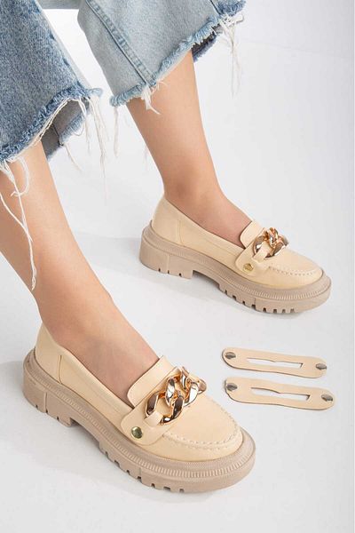 Cansu Ayakkabı Cansu Shoes Loafer Beige Casual αγκράφα Χρυσή αλυσίδα Λεπτομερή καθημερινά άνετα παπούτσια