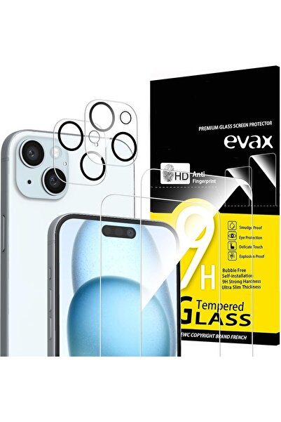 Evax (2 CAM + 2 LENS) iPhone 15 Plus Uyumlu 2 Adet Ekran Koruyucu ve 2 Adet K...