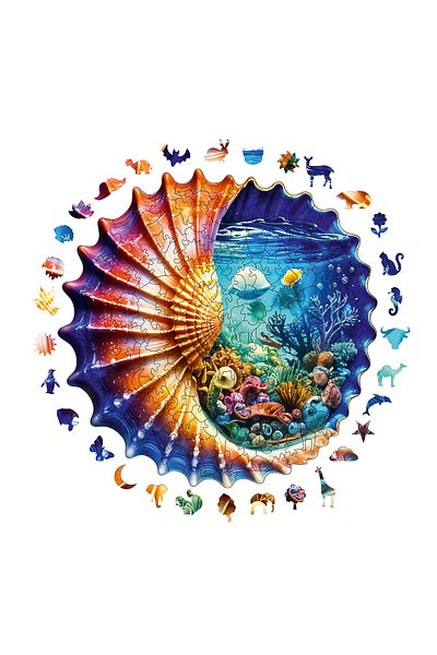 Pinecone Wooden Puzzle in the Ocean Shell - 240 Pieces, Unique Puzzle, 29X29 cm Wz-23