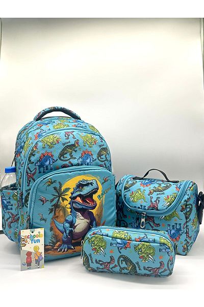 Bevitton Elementary School Bag Dinosaur Patterned 3-Piece Set Boys' Primary School Bag