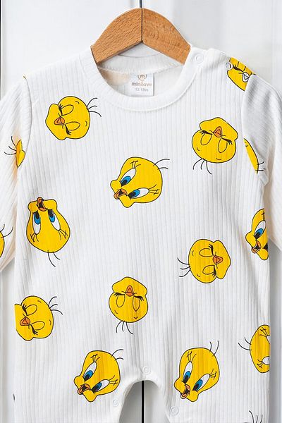 NEGİYYİM Tweety Patterned Unisex Baby Jumpsuit with Hat 3-18 Months 100% Cotton