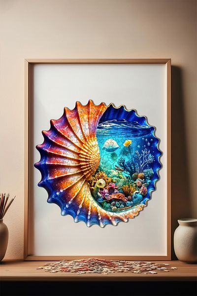 Pinecone Wooden Puzzle in the Ocean Shell - 240 Pieces, Unique Puzzle, 29X29 cm Wz-23