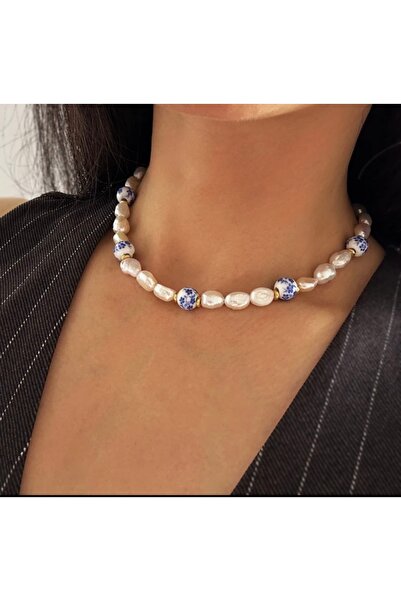 Hazeran accessories İncili Etnik Desen Cam Boncuklu İnci Kolye