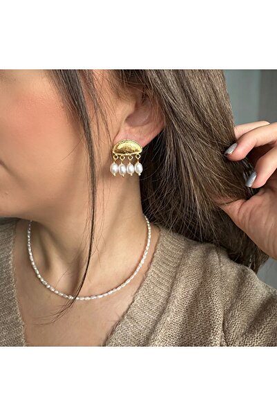 Jewstone Accessories Kum İncisi Kolye ve Bulut Model İnci Küpe Takı Seti