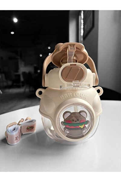 MintTasarımButik 900ml Polycarbon Automatic Lid Kids Beige Water Bottle Flask