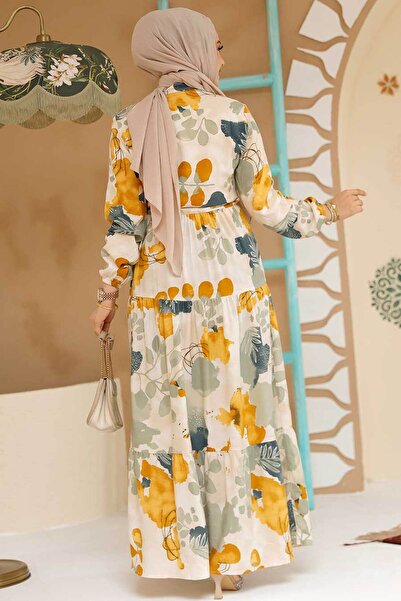 Neva Style Floral Print Mustard Hijab Dress 10214Hr