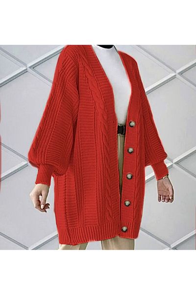 moda mh Knitted Patterned 5 Buttoned Balloon Sleeve Detailed Knitted Cardigan