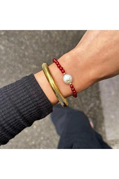Hazeran accessories İncili Kırmızı Doğal Taşlı Bileklik