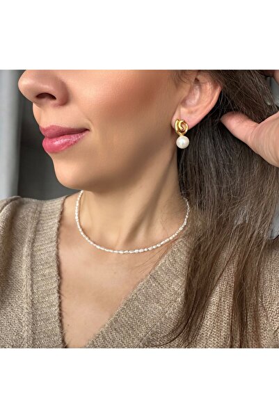 Jewstone Accessories Kum İncisi Kolye ve İnci Küpe Takı Seti