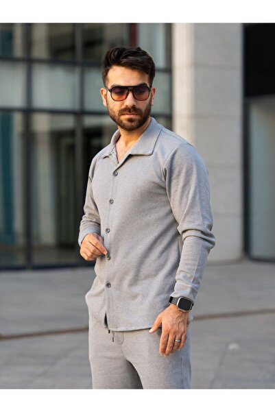 Man Forces Wear Erkek Gömlek, Gri Pamuklu Waffle Kumaş, Şık ve Mevsimlik, Günlük Spor Tasarım