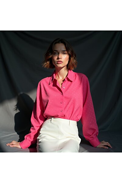 Same Shirt - Puantiye Jakarlı Fuşya Renk Basic Gömlek