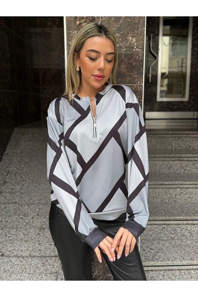 REKA MODA Women's Long Sleeve Round Neck Zippered Print Raised Blouse