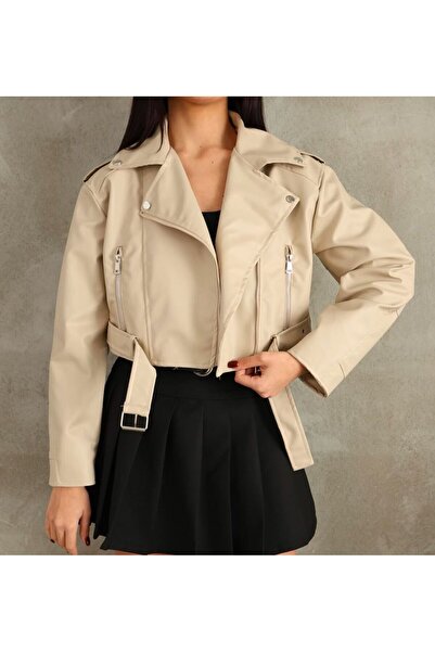 Ekim Store Kadın Kemerli Crop Deri Ceket