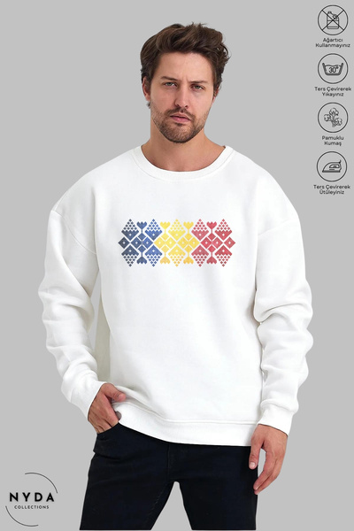 Nyda Collections Unisex Long Sleeve Romania Cusatura Printed Crew Neck Hoodless Raster Oversize Sweatshirt