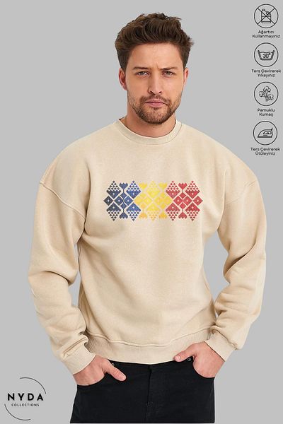 Nyda Collections Unisex Long Sleeve Romania Cusatura Printed Crew Neck Hoodless Raster Oversize Sweatshirt