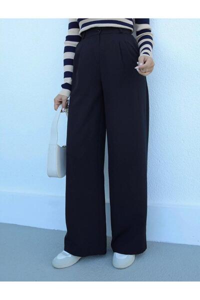 MetuCA Women's Black High Waist Button Pocket Straight Spanish Wide Leg Fabric Palazzo Pants